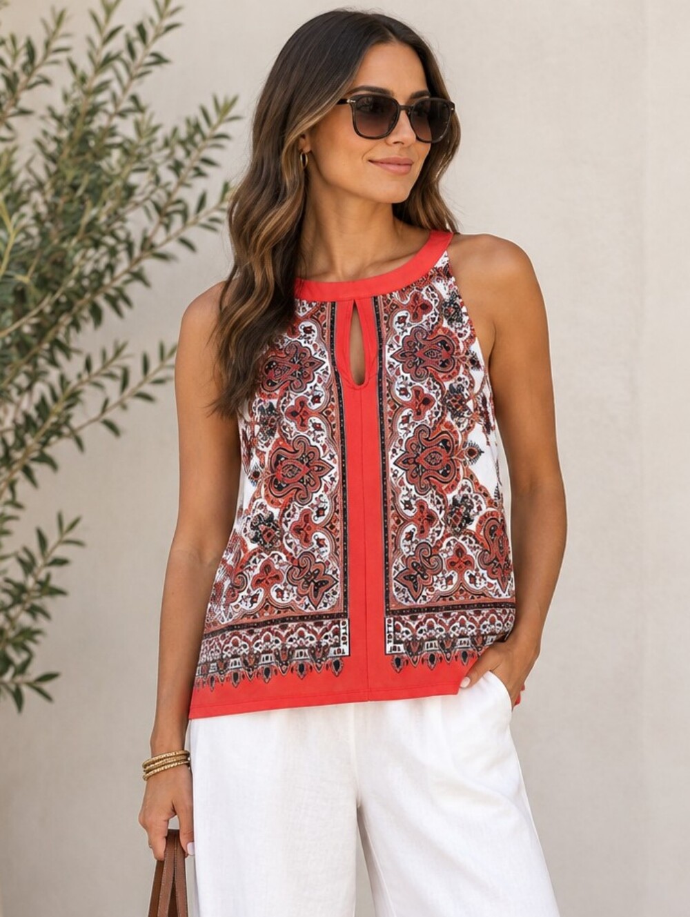 Cleo Petite Orange White Paisley Halter Keyhole Cutout Chic Relaxed Tank Top L